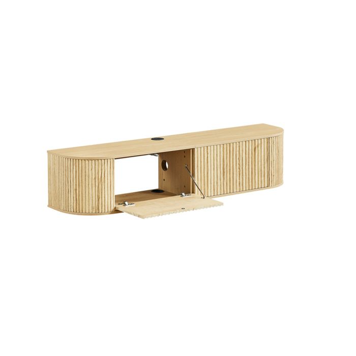 Meuble TV suspendu 140 cm avec passe-câbles 2 portes effet bois naturel rangement mural moderne JOINERY