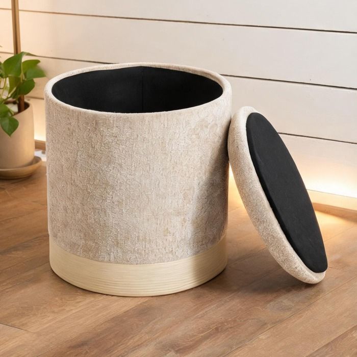 15 in and Beige Chenille (100 Polyester) Ottomans and Footstools with Tabouret pouf rond avec intérieur de rangement en