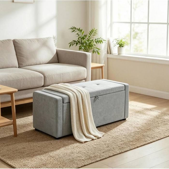 Banc de rangement bout de lit gris clair 122 cm coffre dissimulé assise large tissu effet lin pieds nylon ORVRYN