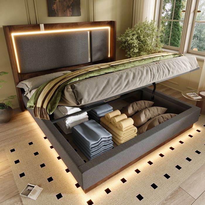 Lit double rembourré 180x200 cm en lin et bois coloris gris et noyer coffre relevable sommier à lattes inclus sans matelas