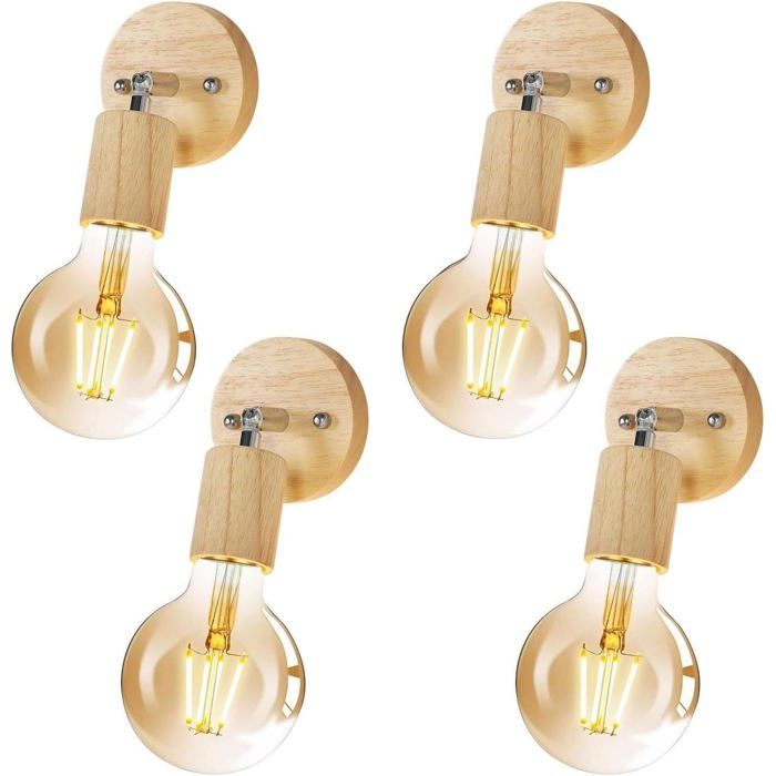Lot de 4 appliques murales intérieures - culot E27 220 V - 350° rotation 180° inclinaison - bois massif et métal rotatif