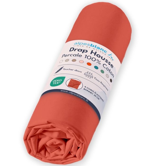 ALPES BLANC - Drap housse Percale 80 fils - Terracotta 160x200 cm - Grand bonnet 30 cm – Fabrication Européenne – Doux résistant ALPES BLANC - Drap housse Percale 80 fils - Terracotta 160x200 cm - Grand bonnet 30 cm – Fabrication Européenne – Doux résistant