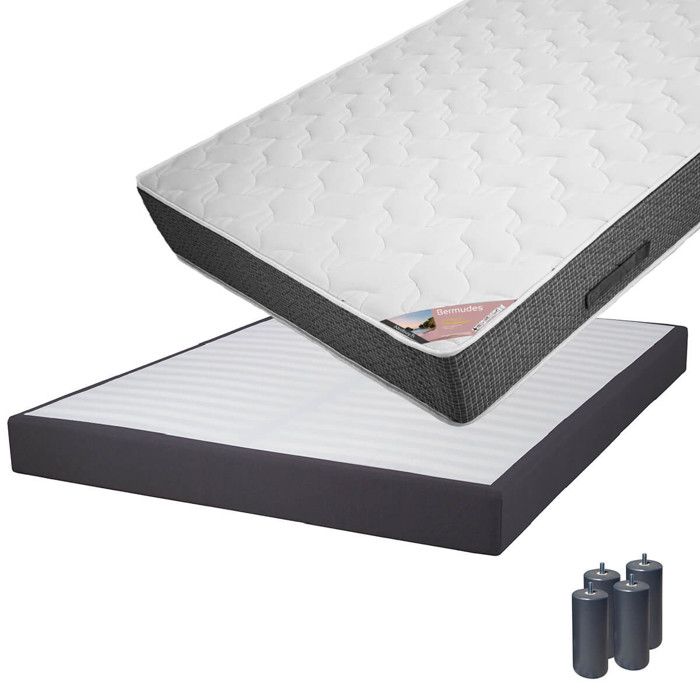 Bermudes - Pack Matelas 140x190 + Sommier Tapissier Démontable 2x20 Lattes Anthracites + Pieds Anthracites 15cm Bermudes - Pack Matelas 140x190 + Sommier Tapissier Démontable 2x20 Lattes Anthracites + Pieds Anthracites 15cm