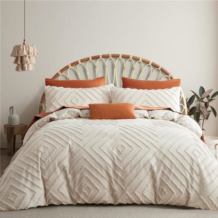 Housse De Couette Bohème 200x200cm Microfibre - Parure Lit 3 Pièces - Style Boho - Beige - 2 Taies 65x65cm