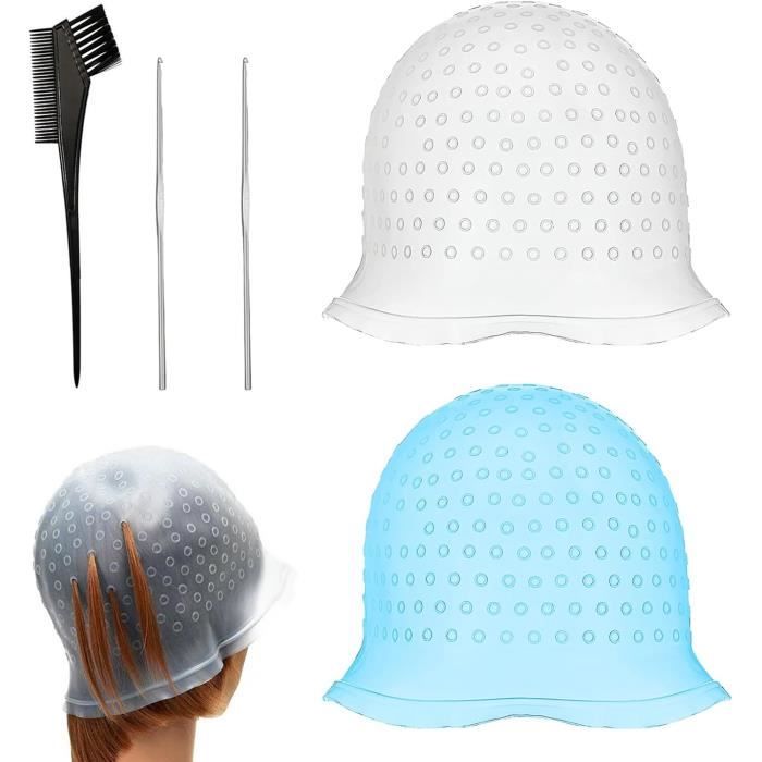 2 Pcs Bonnet à Mèches Casquette pour Coloration Avec 2 Aiguille à Crochet en Metal et Pinceau Coloration Cheveux Bonnet à Mèches