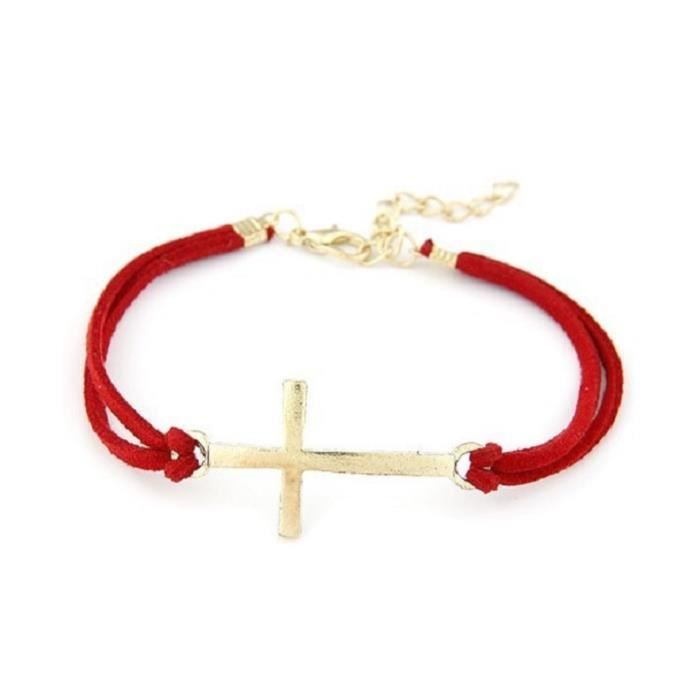 Bracelet en faux daim rouge croix crucifix doré