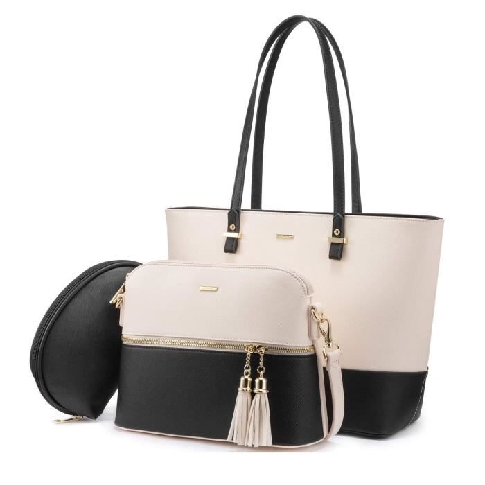 Ensemble De 3 Pieces Sac A Main Pour Femme Sac A Bandouliere Hobo Sac Fourre Tout Bourse Pour L Ecole De Bureau Shopping Beige Noir Cdiscount Bagagerie Maroquinerie