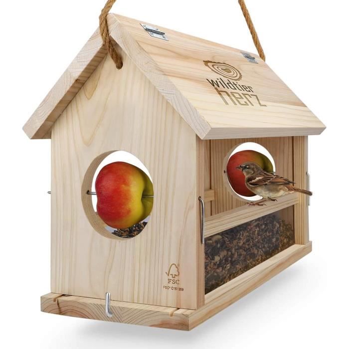 I Grande mangeoire a oiseaux en bois naturel I Nichoir XXL a