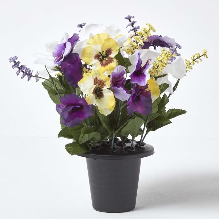 Composition florale pensées et roses artificielles blanches et violettes en  pot, 30 cm - Cdiscount Maison