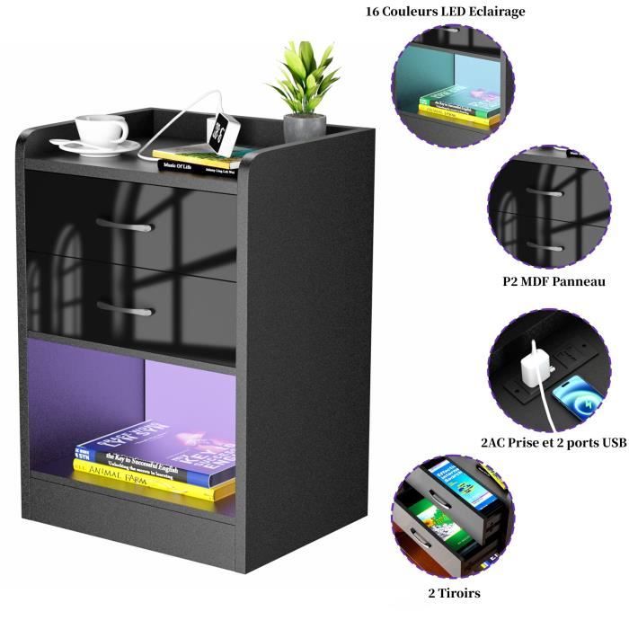 Table De Chevet LED Avec Charge USB - Capteur Infrarouge - Bois Et Cuir Blanc - Neuve