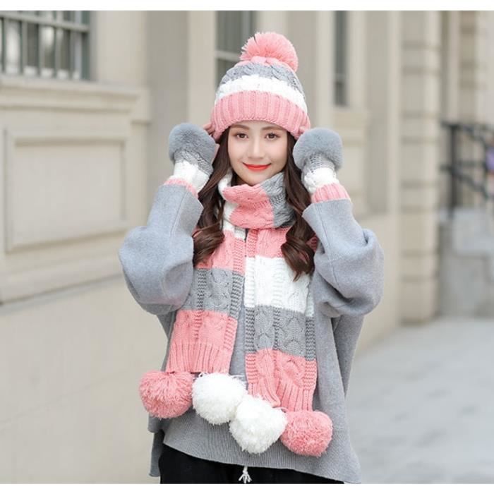 Casquette,Ensemble de gants et écharpe en laine pour femme, chapeau tricoté  chaud, à la mode, doux, fille, - Type pink 3-piece set - Cdiscount  Prêt-à-Porter