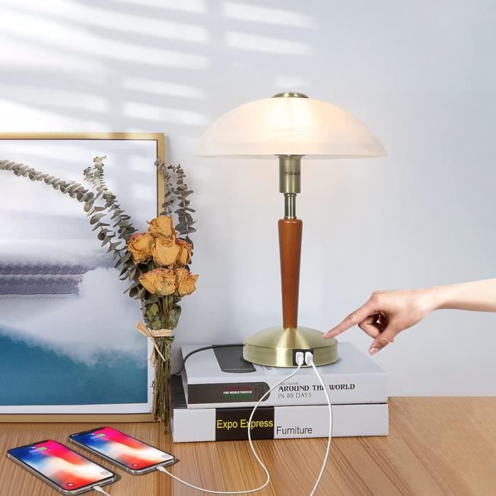 Sailsco - Lampe De Chevet Tactile à Intensité Variable - 3 Niveaux De Luminosité, Ports USB A Et C (20W) - Abat-jour Tissu, Base Bois - Pour Chambre, Salon, Bureau