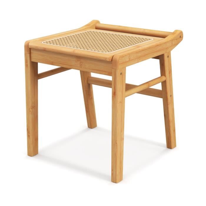 COSTWAY Tabouret de Coiffeuse en Bambou avec Dessus en Rotin PE et Patins Antidérapants Tabouret de Maquillage pour Salon Chambre