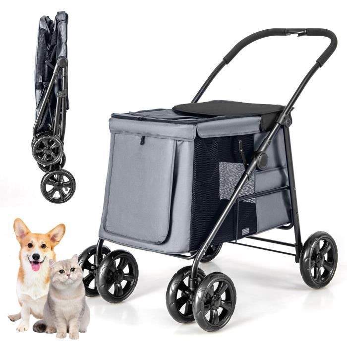 Costway Poussette Buggy Pliable Animaux - Coussin Amovible, 4 Roues Amortissantes - Charge 40kg - Chariot Pour Chat -Chien - Gris