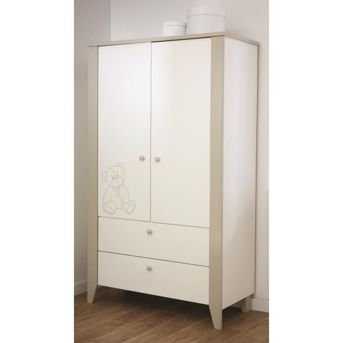 Armoire 2 Portes 2 Tiroirs - DEMEYERE - OURSON - Bois - Blanc et beige - Bébé - Mixte