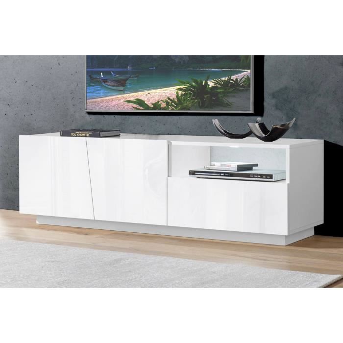 Meuble tv blanc laqué et chêne 150 cm de salon moderne