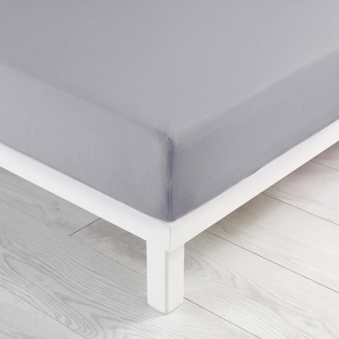 Drap housse - DOUCEUR DINTERIEUR - 90 x 190 cm - Jersey uni - Couleur Galet - 1 personne