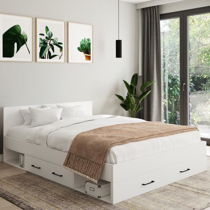 idmarket lit double minea 140 x 190 cm avec tête de lit + tiroirs + niches de rangement et sommier blanc