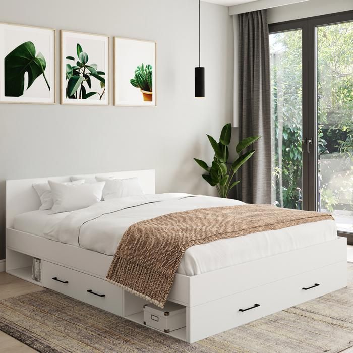 IDMARKET Lit double MINEA avec tiroirs + niches de rangement + tête de lit et sommier 140 x 190 cm blanc IDMARKET Lit double MINEA avec tiroirs + niches de rangement + tête de lit et sommier 140 x 190 cm blanc