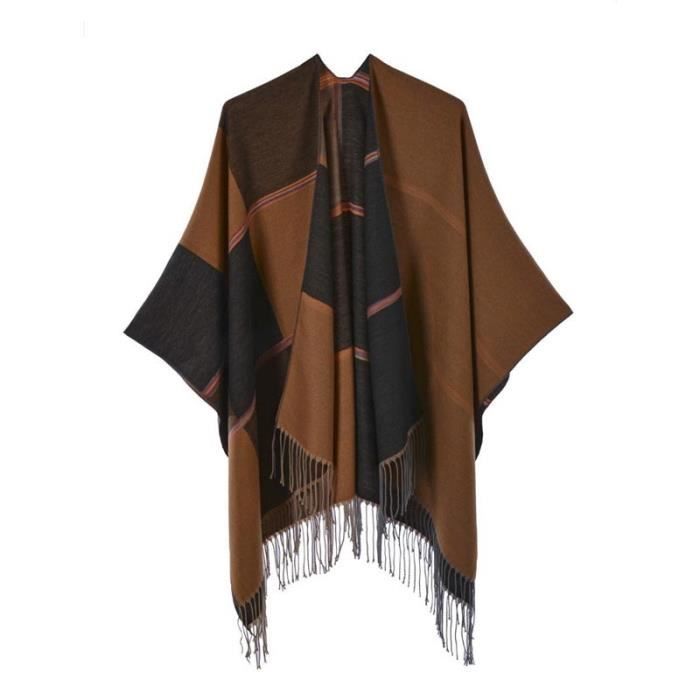 Poncho Femme Ferand à Rayures - Châle Doux Avec Franges Pour Automne/Hiver