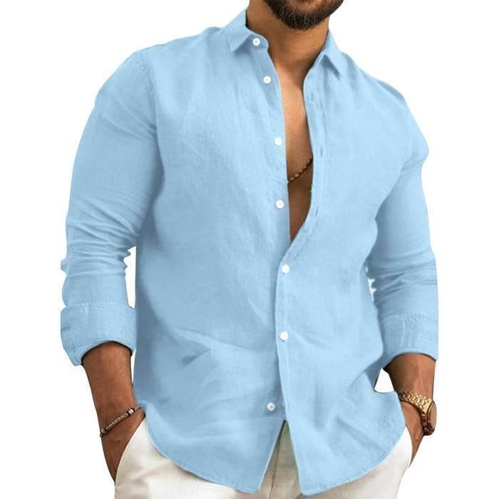 Chemise Homme Manches Longues Lin de coton Col Mao Bleu