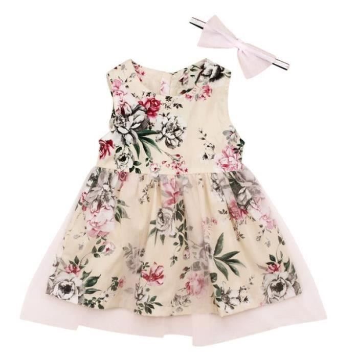 Robe Marguerites Fille Bébé - Robe à Fleurs Sans Manches Avec Jupe Et Ceinture