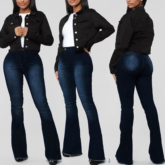 Femmes D'Hiver Taille Haute Jeans Taille Élastique Poches Jeans Solid Color Bleu foncé
