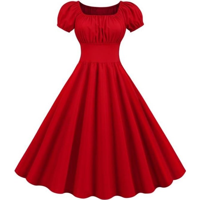 Femmes d'été col carré manches courtes rétro des années 50 des années 60 robe de soirée vintage XXL rouge exquisgift