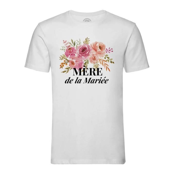 T-shirt Homme Col Rond Blanc Mère de la Mariée Mariage Fiancée Bouquet Aquarelle
