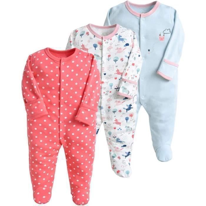 Grenouillères Bébé Amropi Lot De 3 - 100% Coton Manches Longues 0-12 Mois