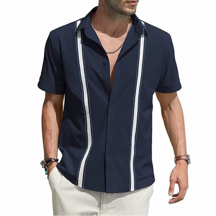 Chemise Lin Homme Manches Courtes - T-shirt Été Coton Lin Ample, Col Montant Boutonné, Couleur Unie Décontractée