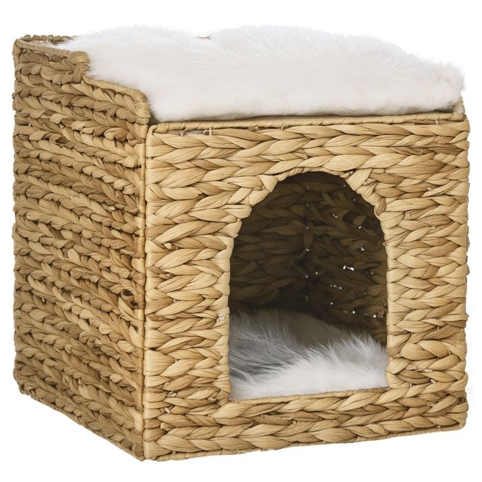 Maison pour chat - PawHut - niche 2 niveaux avec 2 coussins en jacinthe deau habitat repos - polyester - 37 5x37 5x41 5cm Maison pour chat - PawHut - niche 2 niveaux avec 2 coussins en jacinthe deau habitat repos - polyester - 37 5x37 5x41 5cm