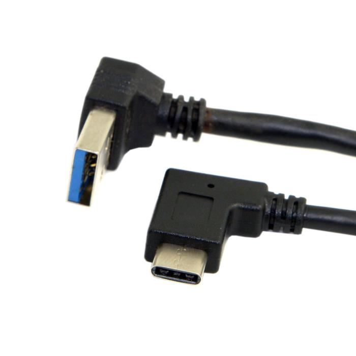 Câble USB System-S Type C Coudé 90° Vers USB-A 2.0 - Longueur 2m, Noir, Compatible Universel