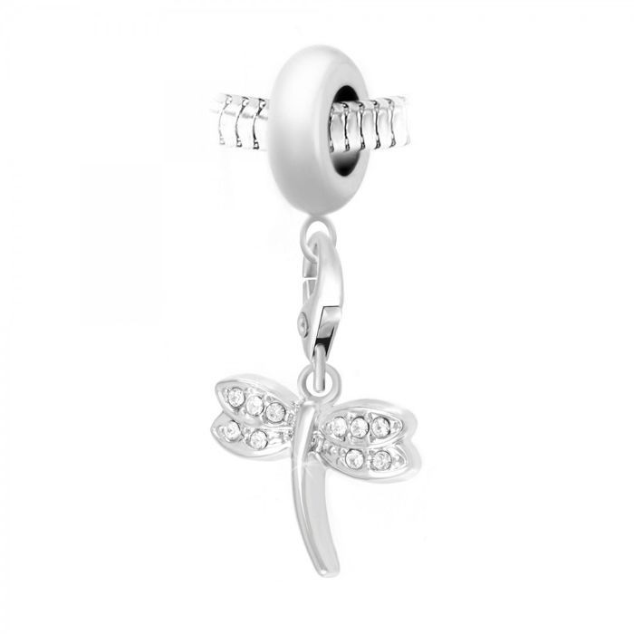 Charm perle porte pendentif - SO CHARM - Libellule Crystal Swarovski - Acier - Perle 13 mm - Pendentif 19x15 mm