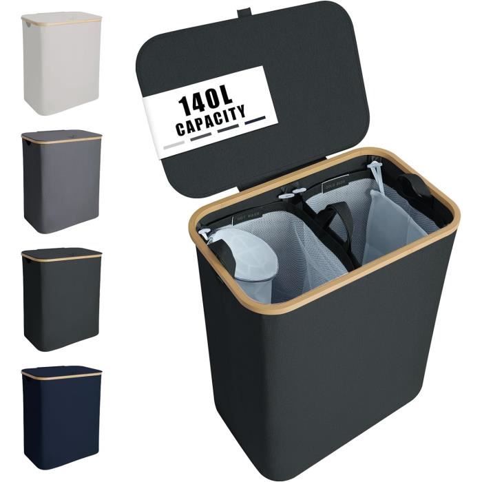 Panier à linge robuste en bambou 100 L 2 compartiments salle de bain