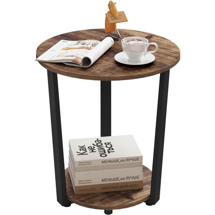 woltu table basse ronde, table d'appoint à 2étagères, bout de canapé, chevet en bois composé et en métal, marron rustique w0att0225
