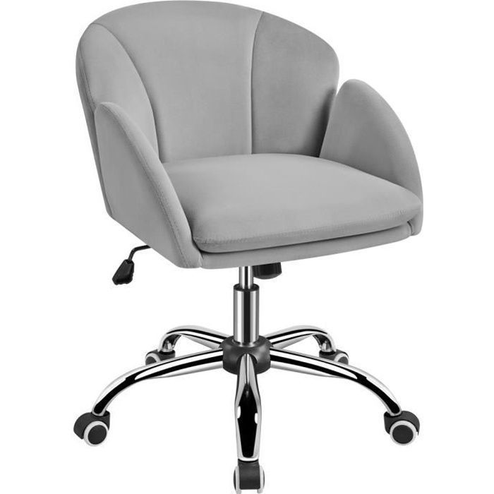 Chaise Fauteuil Bureau - Design Fleur - en Velours - Hauteur Réglable - Coussin Amovible- Gris Clair - Yaheetech