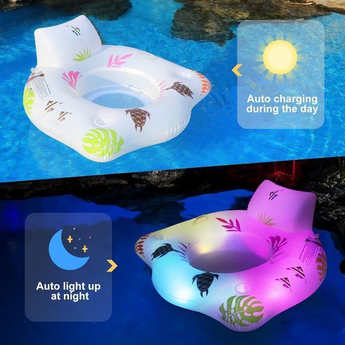 DeeprBlu Bouée Gonflable Piscine Adulte – Chaise Longue Solaire Avec Porte-Gobelet Et Lumières LED, Flotteur XXL 132 Cm