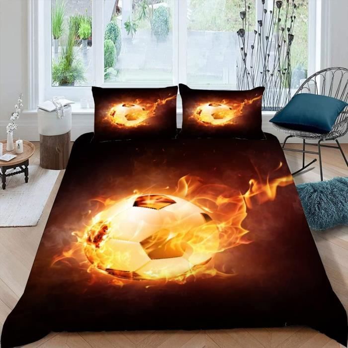 Parure De Lit Football Enfant 3D - Housse De Couette Football Avec 2 Taies D'Oreiller, Fermeture Éclair Et Attaches - Douce Microfibre 220x240 Cm King