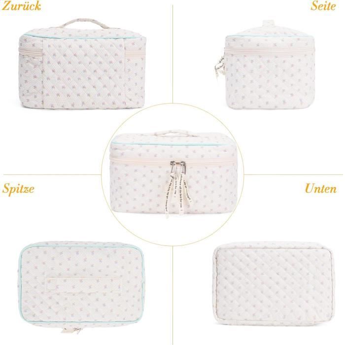 Trousse De Toilette De Voyage Motif Floral – Sac De Maquillage Matelassé En Coton – Bleu Et Blanc, 18x9 Cm