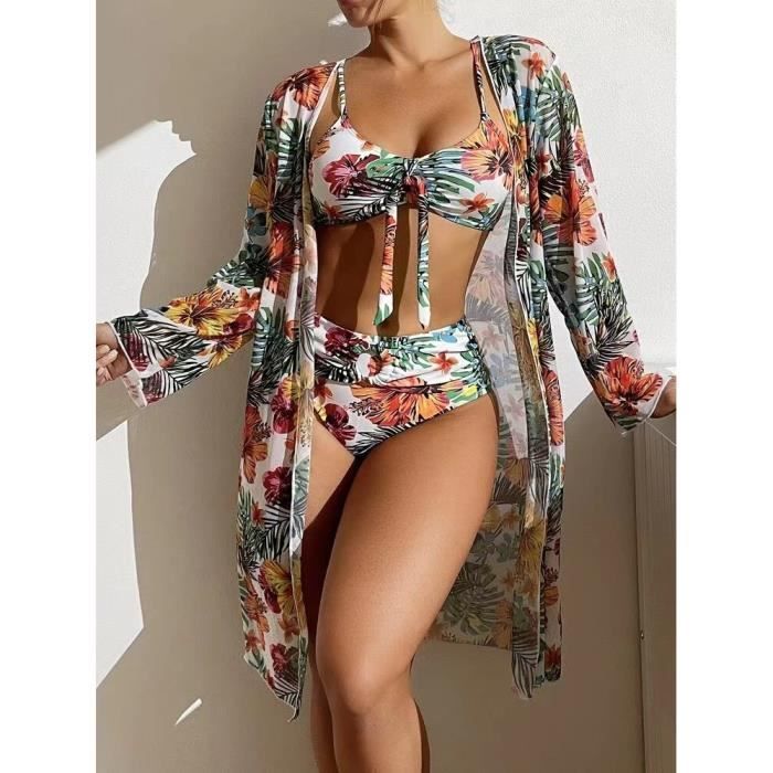 Maillot de Bain 3 pieces pour Femme Bikini a Fleurs Tropicales avec Cache Maillot Rouge anglais Rouge anglais Cdiscount Pret a Porter