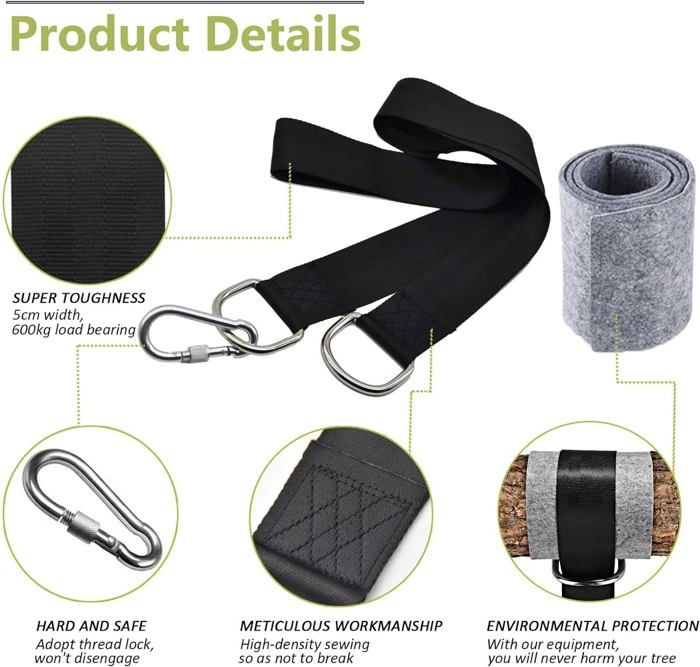 Hamac Sangles,Fixation Hamac avec balançoire d'arbre Sangle Balancoire Suspendu Ultra Résistant avec D-Ring et Balançoire Sangles de Hamac Max 550KG pour Camping,Hamac et Balancoire de Jardin(2x150m