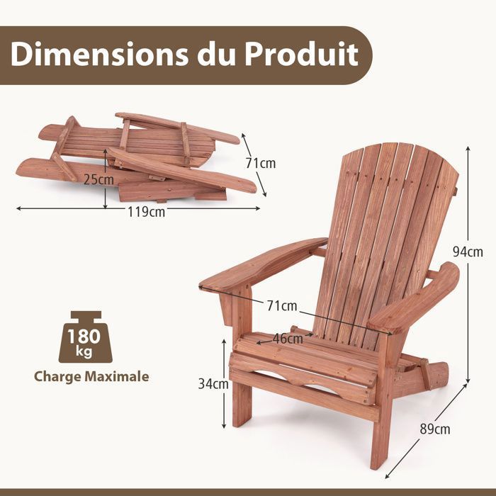 FANTASK Lot De 2 Chaises Adirondack Jardin Bois Pliable - Dossier Haut Accoudoirs Larges 51x46 Cm