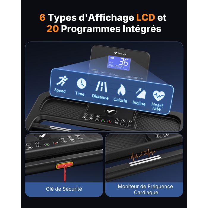 Tapis De Course Capital Sports Infinity Pro – 7 Ch (2,5 Ch Continu), 21 Km/h, Pente 15%, écran 7" LCD, 36 Programmes, Kinomap Compatible