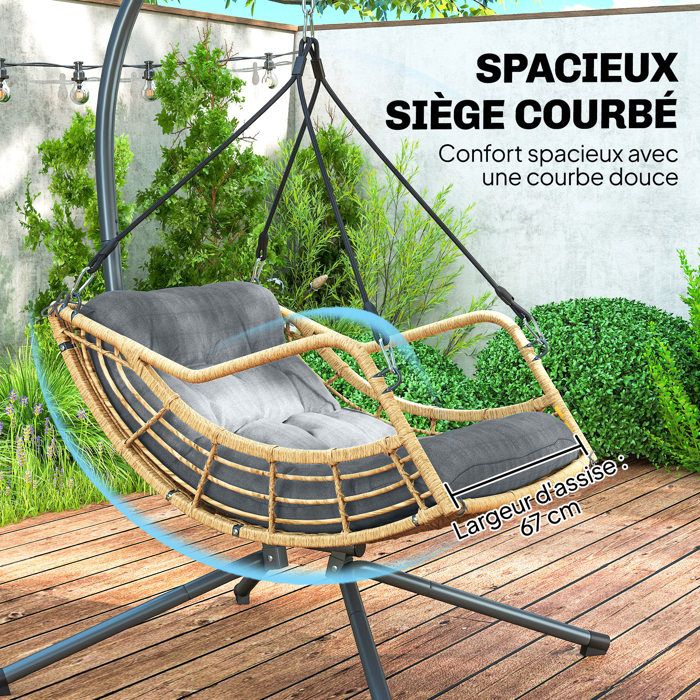 Fauteuil suspendu avec coussin épais - Balançoire en bois épais - Balançoire suspendue rose - Support intérieur/extérieur - Capacité 50 kg