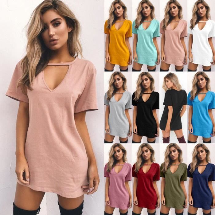 T Shirt Femme Sexy robe T shirt uni T shirt Col V profond Tee Shirt Femme Blanc