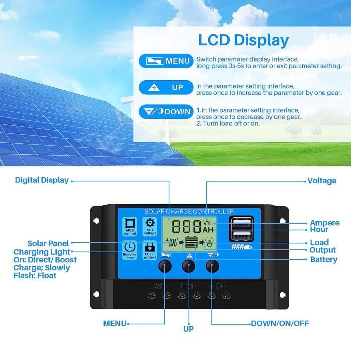 Contr?leur de charge solaire Régulateur de batterie de panneau solaire  Double USB LCD Display 12V / 24V 30A MPPT -XIU - Cdiscount Auto