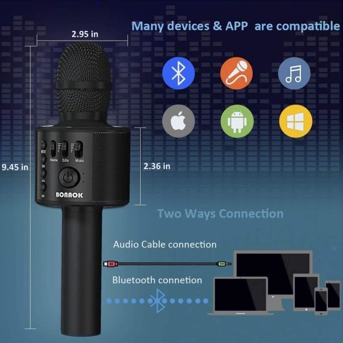 Microphone Karaoké Bluetooth BONAOK - Portable - 3 En 1 - Haut-parleur Intégré - Noir