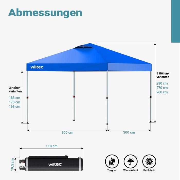 Tonnelle Pop-up Wiltec 3x3 M - Toit Anti-UV & Imperméable - Montage One Push - Avec Roues & Sac De Transport - Pour Jardin, Fêtes, Camping