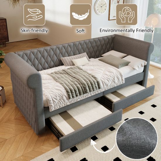Canapé-lit en Bois 90x200 cm, Lit Enfant avec Barrière, 1 Lit Gigogne et 2 Tiroirs, Sommier Inclus, Gris (Sans Matelas) | Leroy Merlin Canapé-lit en Bois 90x200 cm, Lit Enfant avec Barrière, 1 Lit Gigogne et 2 Tiroirs, Sommier Inclus, Gris (Sans Matelas) | Leroy Merlin